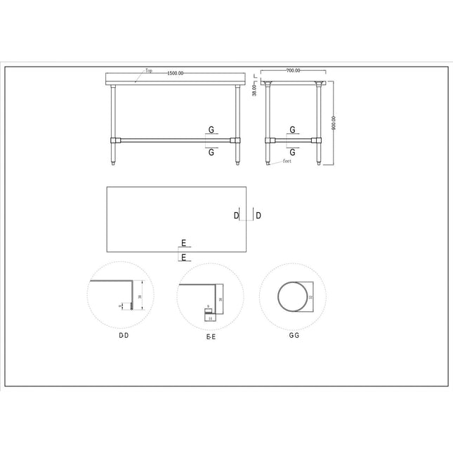 Commercial Stainless Steel Work Table No Bottom Shelf With Upstand 1500x700x900mm |  Wt70150 Gbnu
