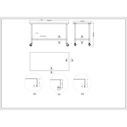 Commercial Mobile Stainless Steel Work Table Bottom Shelf 1500x700x900mm |  Wt70150 Gmobile