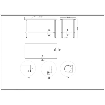 Commercial Stainless Steel Work Table No Bottom Shelf 1500x700x900mm |  Wt70150 Gnu