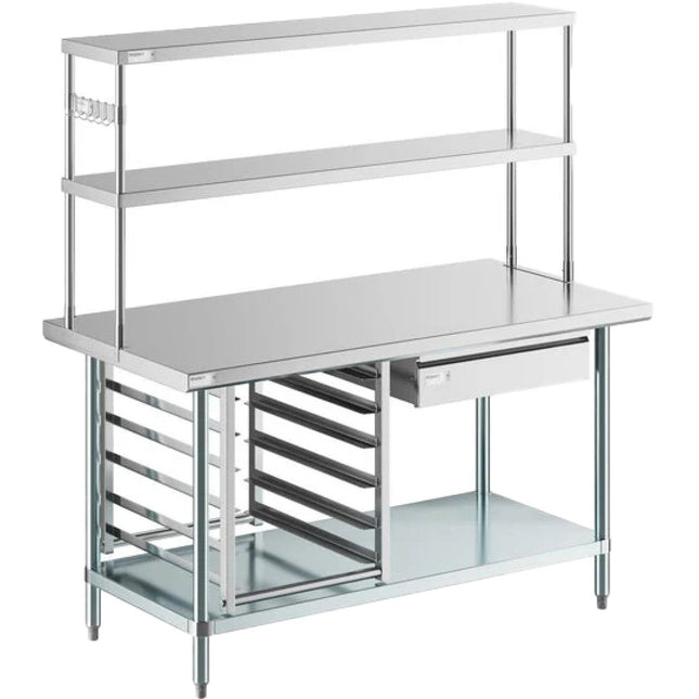 Commercial Stainless Steel Work Table With Overshelf, Drawer &Amp; Gn Pan Rack 1500x700x1700mm | Wt70150 Ps