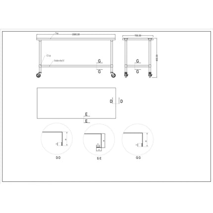 Commercial Mobile Stainless Steel Work Table Bottom Shelf 1800x700x900mm |  Wt70180 Gmobile