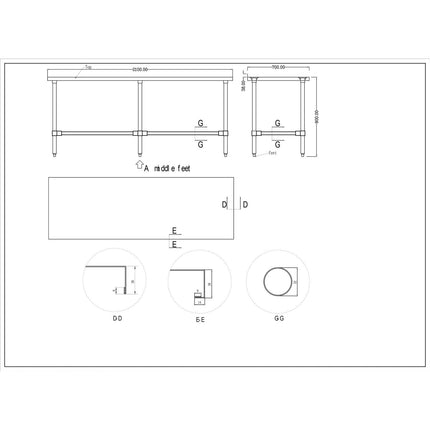 Commercial Stainless Steel Work Table No Bottom Shelf With Upstand 2100x700x900mm |  Wt70210 Gbnu