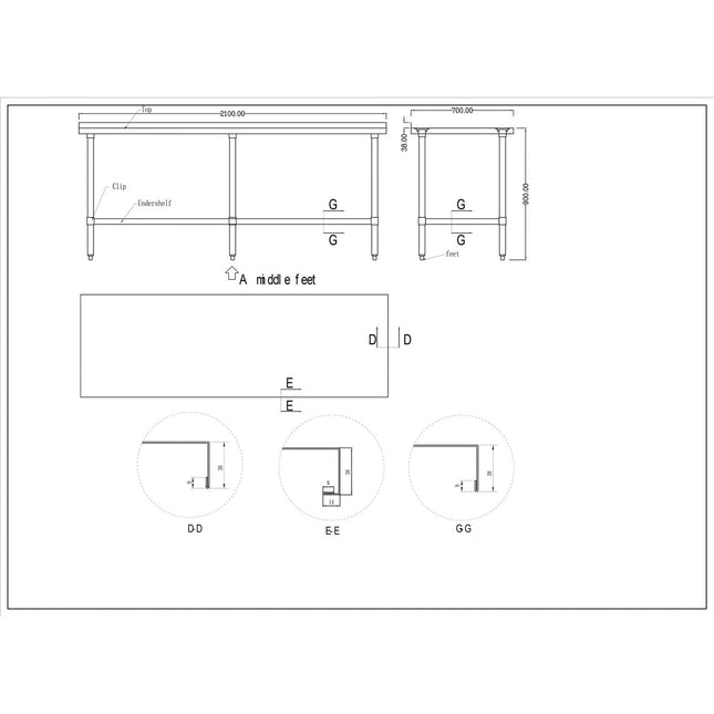 Commercial Stainless Steel Work Table Bottom Shelf Upstand 2100x700x900mm |  Wt70210 Gb
