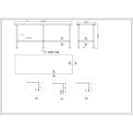 Commercial Stainless Steel Work Table Bottom Shelf 2100x700x900mm |  Wt70210 G