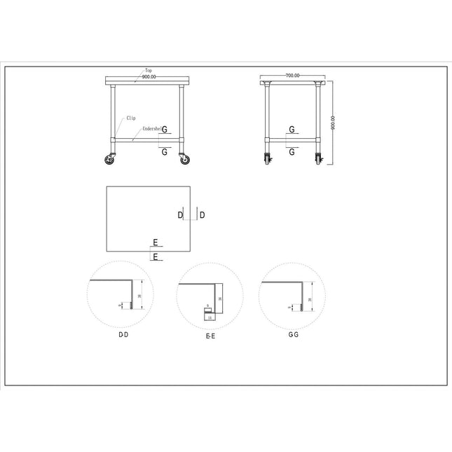 Commercial Mobile Stainless Steel Work Table Bottom Shelf 900x700x900mm |  Wt7090 Gmobile