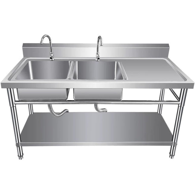 Commercial Sink Stainless Steel 1400x600x850mm 2 Bowls Left Splashback Undershelf |  Wudbs14060 Left