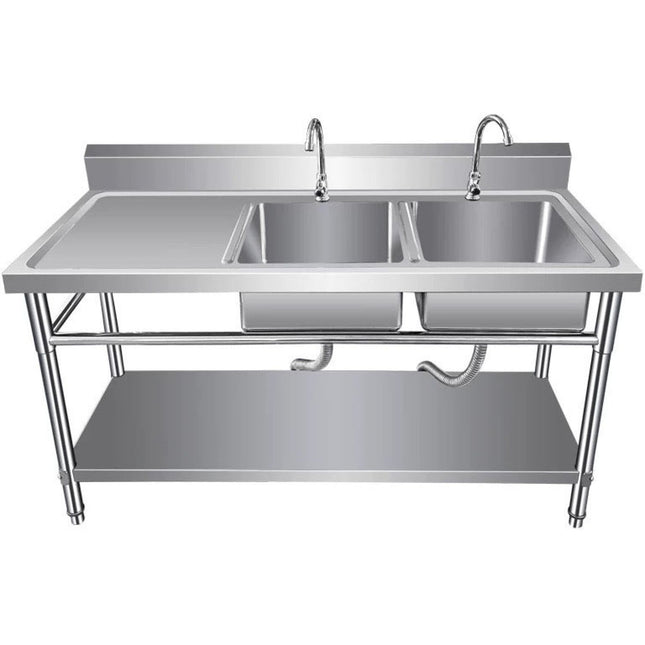 Commercial Sink Stainless Steel 1400x600x850mm 2 Bowls Right Splashback Undershelf |  Wudbs14060 Right