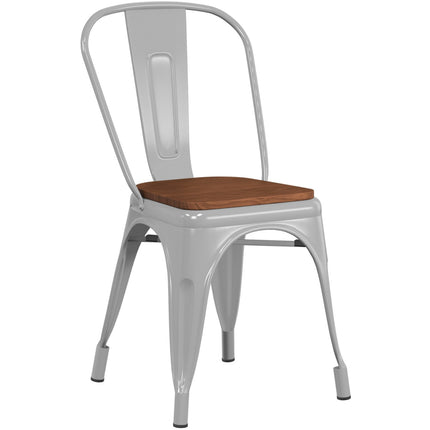 Bistro Dining Chair Wooden Seat Steel Grey Indoors |  Ww164 G